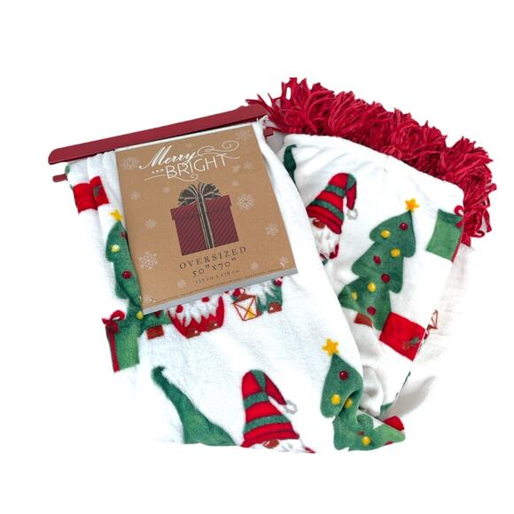 Merry & Bright Gnome and Christmas Tree Throw Blanket, White, 50x70 - Picture 2 of 8